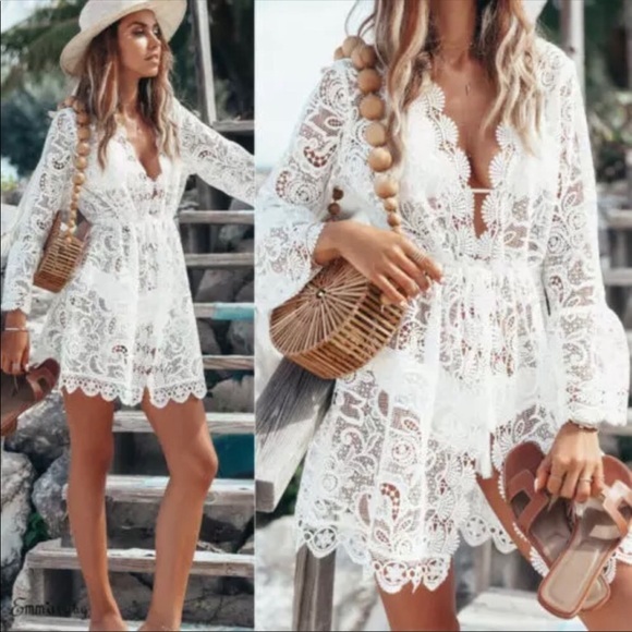WHITE LACE SWIMSUIT COVERUP, DRESS OR LONG TOP-NEW - Picture 2 of 5